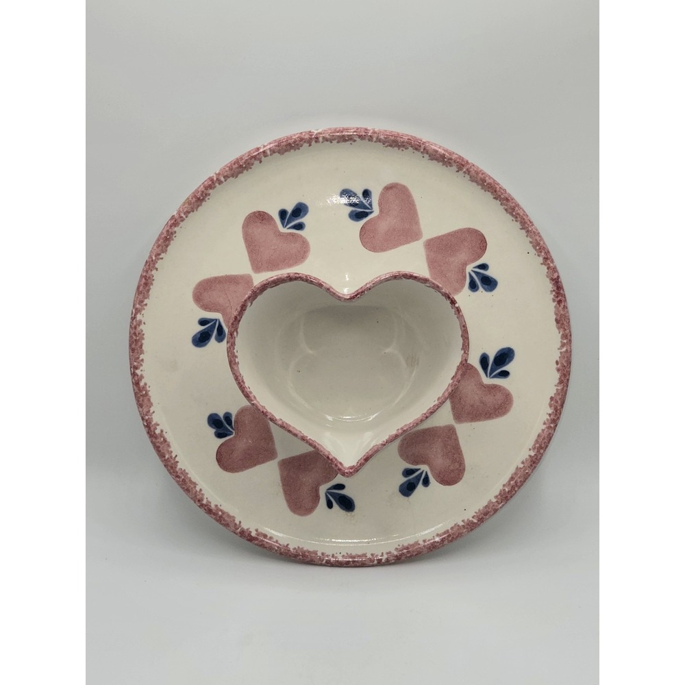 Chaparral Pottery Spongeware Heart Chip & Dip Platter Hand Painted Stoneware 11"